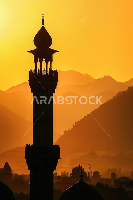 العبادة والتقرب إلى الله تعالى, نداء المسلمين لأداء الفرائض والصلوات, صورة ظلية لقبب ومآذن المساجد الاسلامية وقت غروب الشمس, الأجواء الروحانية المتميزة, الفن الهندسي المعماري على الطراز العربي الاسلامي القديم, سالويت