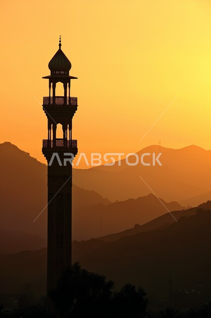 العبادة والتقرب إلى الله تعالى, نداء المسلمين لأداء الفرائض والصلوات, صورة ظلية لقبب ومآذن المساجد الاسلامية وقت غروب الشمس, الأجواء الروحانية المتميزة, الفن الهندسي المعماري على الطراز العربي الاسلامي القديم, سالويت