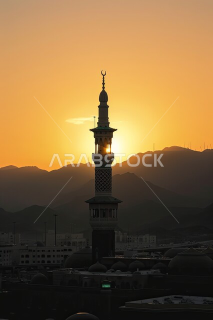 The call of Muslims to perform obligatory prayers and prayers, the concept of worship and closeness to God Almighty, the domes and minarets of Islamic mosques at sunset, the distinct spiritual atmosphere, architectural art in the ancient Arab-Islamic style