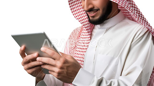 Using advanced modern tablet devices, gestures and expressions of integration and concentration, communicating and chatting with relatives and friends, a close-up portrait of a Saudi Gulf Arab man wearing a shemagh and traditional thobe, holding a tablet in his hand, white background.