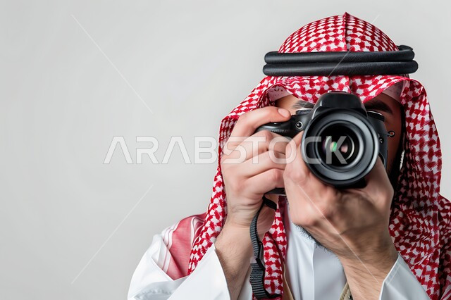 احتراف فن التصوير الفوتوجرافي باستخدام كاميرات رقمية عالية الدقة, وظائف ومهن سعودية, بورتريه مقرب لرجل عربي خليجي سعودي يرتدي الزي التقليدي تقوم بالتقاط الصورالتذكارية عبر كاميرا فوتوجرافية, خلفية بيضاء