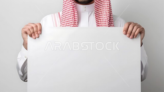 إعلانات وعروض تسويقية، موك اب مربع أبيض، استخدام لوحات توضيحية ووسائل تعليمية، بورتريه مقرب لشاب عربي خليجي سعودي مبتسم يرتدي الزي التقليدي والشماغ يحمل بيده لوحه بيضاء مربعه فارغة، خلفية بيضاء