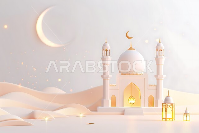 زينة وديكورات رمضان المبارك, أجواء الاحتفال بالمناسبات والأعياد الدينية الاسلامية، مجموعة من مجسمات المساجد والهلال البيضاء المضيئة, البهجة بقدوم شهر الخير، تحف واكسسوارات متميزة، خلفية بيضاء