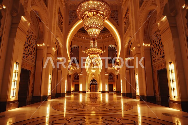 Elegant interior designs and decorations for mosques, decorations and engravings for columns and arches in the Islamic style, architectural engineering art for the corridor of an ancient Arab mosque, illuminated hanging chandeliers, the concept of worship and getting closer to God Almighty