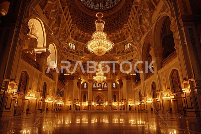 التصاميم والديكورات الداخلية الأنيقة للمساجد، الزخارف والنقوش للاعمدة والاقواس على الطراز الاسلامي، الفن الهندسي المعماري لممر مسجد عربي عريق، الثريات المعلقة المضيئة، مفهوم العبادة والتقرب إلى الله تعالى