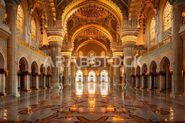 التصاميم والديكورات الداخلية الأنيقة للمساجد، الزخارف والنقوش للاعمدة والاقواس على الطراز الاسلامي، الفن الهندسي المعماري لممر مسجد عربي عريق، مفهوم العبادة والتقرب إلى الله تعالى