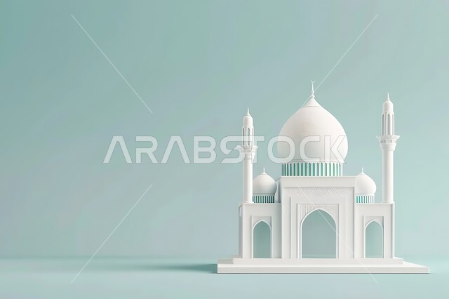 الفن الهندسي المعماري للمساجد، مفهوم العبادة والتقرب إلى الله، مجسمات ثلاثية الابعاد للقبب والمآذن المتميزة، تصاميم و ديكورات على الطراز الاسلامي باللون الابيض، خلفية زرقاء