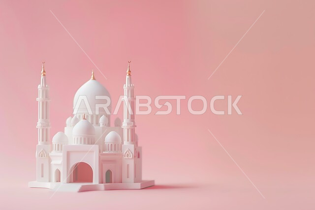  مفهوم العبادة والتقرب إلى الله، مجسمات ثلاثية الابعاد للقبب والمآذن المتميزة، تصاميم و ديكورات على الطراز الاسلامي باللون الابيض، الفن الهندسي المعماري للمساجد، خلفية وردية
