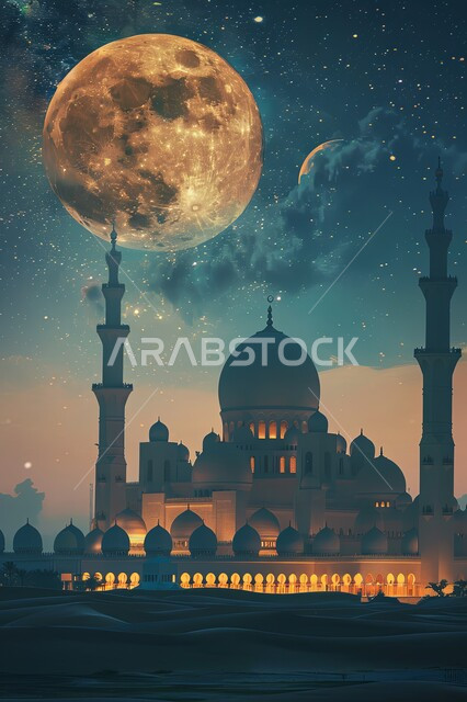 Distinctive decorations and designs in the Islamic style for domes and minarets, the architectural art of mosques, a luxurious Arab mosque illuminated at night, worship and getting closer to God, performing obligatory prayers and prayers, Ramadan religious backgrounds, a view of the moon and stars in the sky
