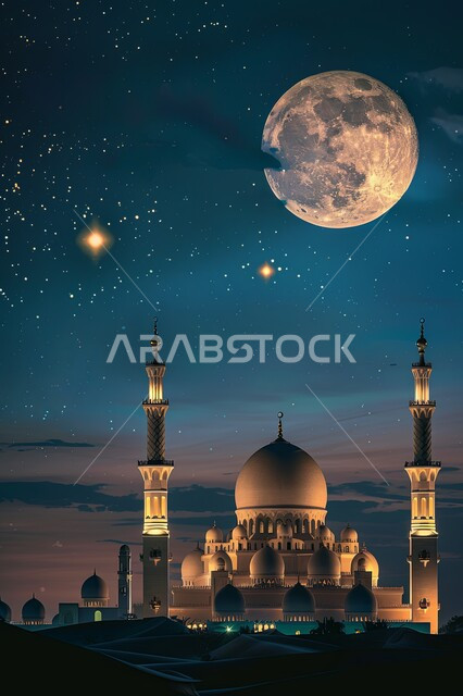 ديكورات وتصاميم متميزة على الطراز الاسلامي للقبب والمآذن، الفن الهندسي المعماري للمساجد، مسجد عربي فاخر مضيء ليلا، العبادة والتقرب إلى الله، آداء الفرائض والصلوات، خلفيات دينية رمضانية، منظر القمر والنجوم في السماء