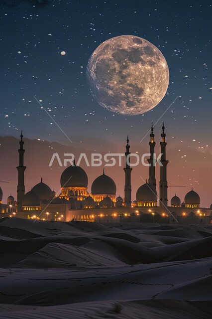 ديكورات وتصاميم متميزة على الطراز الاسلامي للقبب والمآذن، الفن الهندسي المعماري للمساجد، مسجد عربي فاخر مضيء ليلا، العبادة والتقرب إلى الله، آداء الفرائض والصلوات، خلفيات دينية رمضانية، منظر القمر والنجوم في السماء