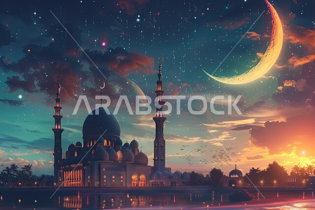ديكورات وتصاميم متميزة على الطراز الاسلامي للقبب والمآذن، الفن الهندسي المعماري للمساجد، مسجد عربي فاخر مضيء ليلا، العبادة والتقرب إلى الله، آداء الفرائض والصلوات، خلفيات دينية رمضانية، منظر القمر والنجوم في السماء