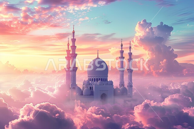 Ramadan religious backgrounds, distinct Islamic-style decorations and designs for domes and minarets, architectural engineering art for mosques, three-dimensional design of a luxurious Arab mosque, worship and getting closer to God, performing obligatory prayers and prayers, the view of clouds in the sky