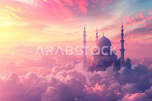 خلفيات دينية رمضانية، ديكورات وتصاميم متميزة على الطراز الاسلامي للقبب والمآذن، الفن الهندسي المعماري للمساجد، تصميم ثلاثي الأبعاد لمسجد عربي فاخر، العبادة والتقرب إلى الله، آداء الفرائض والصلوات، منظر الغيوم في السماء