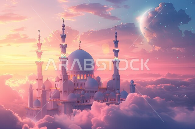 خلفيات دينية رمضانية، ديكورات وتصاميم متميزة على الطراز الاسلامي للقبب والمآذن، الفن الهندسي المعماري للمساجد، تصميم ثلاثي الأبعاد لمسجد عربي فاخر، العبادة والتقرب إلى الله، آداء الفرائض والصلوات، منظر الغيوم في السماء