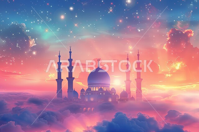 Ramadan religious backgrounds, distinct Islamic-style decorations and designs for domes and minarets, architectural engineering art for mosques, three-dimensional design of a luxurious Arab mosque, worship and getting closer to God, performing obligatory prayers and prayers, the view of clouds and stars in the sky