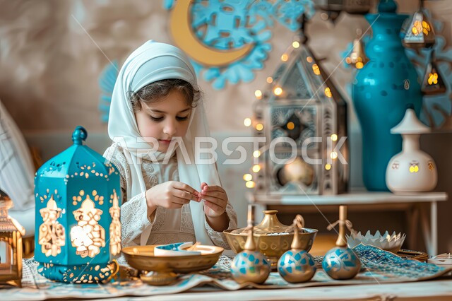 أجواء الروحانية والاحتفال بالمناسبات والأعياد الدينية الإسلامية، الفوانيس المعدنية المزخرفة والمضيئة, فتاة عربية خليجية سعودية محجبة مبتسمة تقوم بصناعة زينة رمضان, البهجة بقدوم شهر الخير، تحف تقليدية متميزة