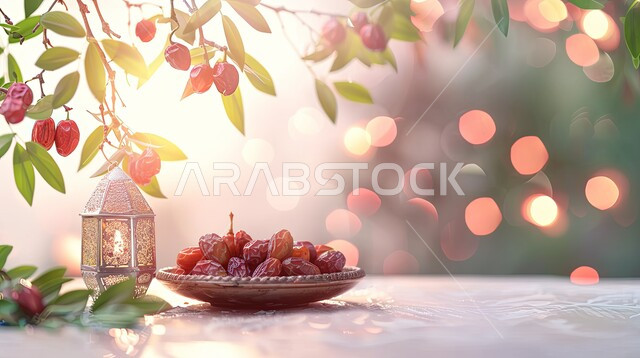 اكسسوارت و تحف متميزة, ضيافة رمضانية شهية ,ديكورات وزينة رمضان المبارك, الأجواء الروحانية والاحتفال بالمناسبات والأعياد الدينية الاسلامية، صورة مقربة لفانوس معدني تقليدي مضيء على سطح خشبي مع طبق من التمر, البهجة بقدوم شهر الخير