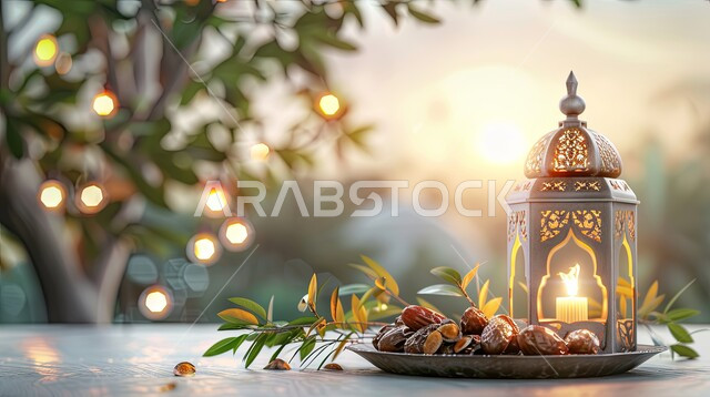 ضيافة رمضانية شهية ,ديكورات وزينة رمضان المبارك, الأجواء الروحانية والاحتفال بالمناسبات والأعياد الدينية الاسلامية، صورة مقربة لفانوس معدني تقليدي مضيء على سطح خشبي مع طبق من التمر, البهجة بقدوم شهر الخير، تحف واكسسوارت متميزة