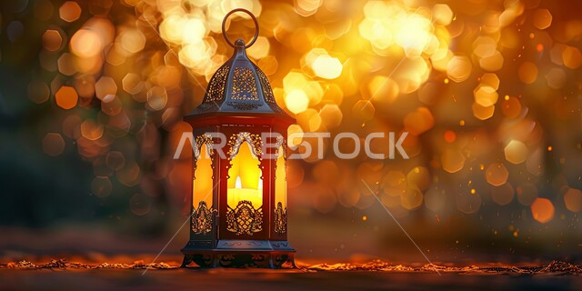 الأجواء الروحانية والاحتفال بالمناسبات والأعياد الدينية الاسلامية، ديكورات وزينة رمضان المبارك, صورة مقربة لفانوس معدني تقليدي مضيء على سطح خشبي, البهجة بقدوم شهر الخير، تحف واكسسوارت متميزة, خلفية ضبابية