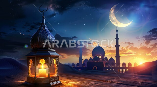 Distinctive antiques and accessories, adornments and decorations for the holy month of Ramadan, the spiritual atmosphere and celebration of Islamic religious occasions and holidays, a close-up of traditional metal lanterns illuminated with the crescent moon, the joy of the arrival of the month of goodness, the background of the domes and minarets of mosques.