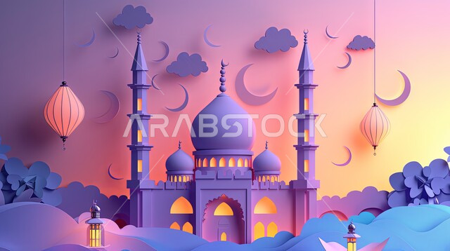 مجموعة من مجسمات المساجد والهلال البيضاء المضيئة ,البهجة بقدوم شهر الخير، زينة وديكورات رمضان المبارك, أجواء الاحتفال بالمناسبات والأعياد الدينية الاسلامية, تحف واكسسوارات متميزة، خلفية ملونة