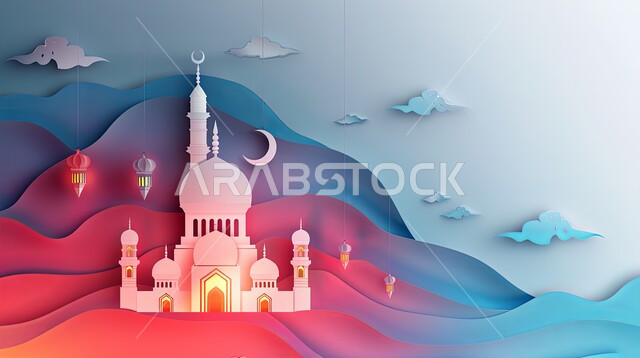 البهجة بقدوم شهر الخير، زينة وديكورات رمضان المبارك, أجواء الاحتفال بالمناسبات والأعياد الدينية الاسلامية، مجموعة من مجسمات المساجد والهلال البيضاء المضيئة, تحف واكسسوارات متميزة، خلفية ملونة