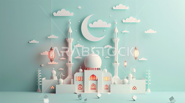 البهجة بقدوم شهر الخير، زينة وديكورات رمضان المبارك, أجواء الاحتفال بالمناسبات والأعياد الدينية الاسلامية، مجموعة من مجسمات المساجد والهلال البيضاء المضيئة, تحف واكسسوارات متميزة، خلفية زرقاء