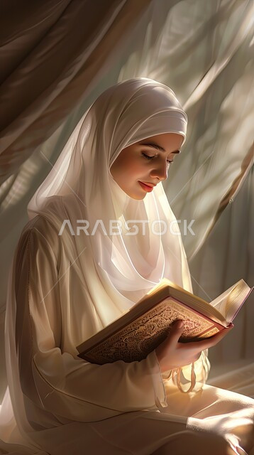 Increase in remembrance and diligence in worship during the month of Ramadan, a feeling of humility and reassurance, repentance and return to God Almighty, a close-up picture of a veiled Saudi Arabian Gulf woman wearing a white abaya, holding the Holy Qur’an in her hand, reciting and reading the Holy Qur’an.