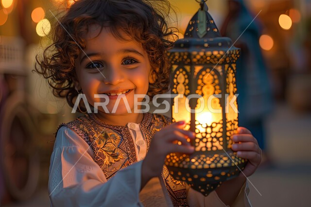 الفوانيس المعدنية المزخرفة والمضيئة, ولد عربي خليجي سعودي مبتسم يحمل بيده الفانوس المضيء ينظر الى الكاميرا بتعابير السرور, البهجة بقدوم شهر الخير، أجواء الروحانية والاحتفال بالمناسبات والأعياد الدينية الإسلامية، تحف تقليدية متميزة