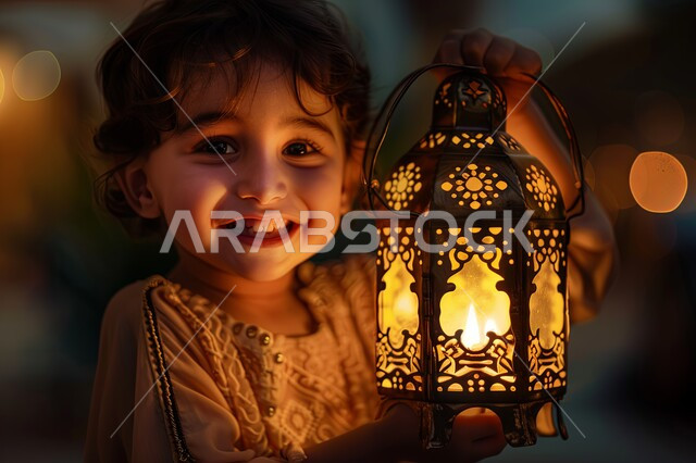 أجواء الروحانية والاحتفال بالمناسبات والأعياد الدينية الإسلامية، الفوانيس المعدنية المزخرفة والمضيئة, ولد عربي خليجي سعودي مبتسم يحمل بيده الفانوس المضيء ينظر الى الكاميرا بتعابير السرور, البهجة بقدوم شهر الخير، تحف تقليدية متميزة