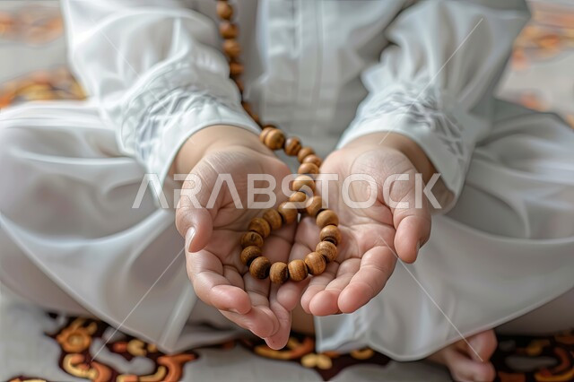 يوم الجمعه المباركه ,الإكثار من ذكر الله تعالى والإستغفار والدعاء, مفهوم الإجتهاد في العباده و التقرب الى الله في شهر رمضان المبارك, صورة مقربة لأيدي ولد عربي سعودي خليجي يرتدي الثوب الأبيض يرفع يديه يمسك السبحة