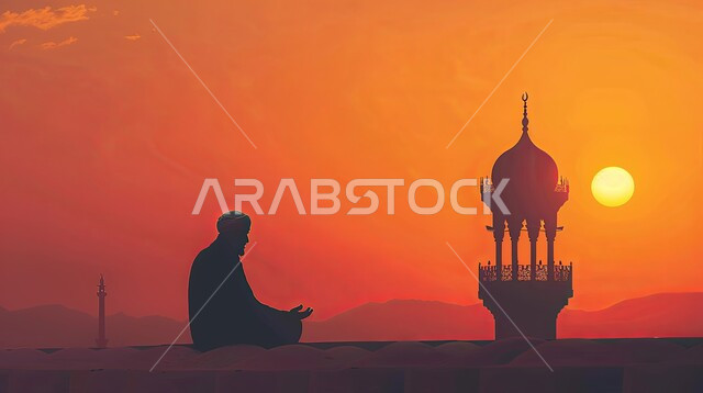 نداء المسلمين لأداء الفرائض والصلوات, مفهوم العبادة والتقرب إلى الله تعالى, صورة ظلية لرجل يجلس أمام قبب ومآذن المساجد الاسلامية وقت غروب الشمس, الأجواء الروحانية المتميزة, الفن الهندسي المعماري على الطراز العربي الاسلامي القديم