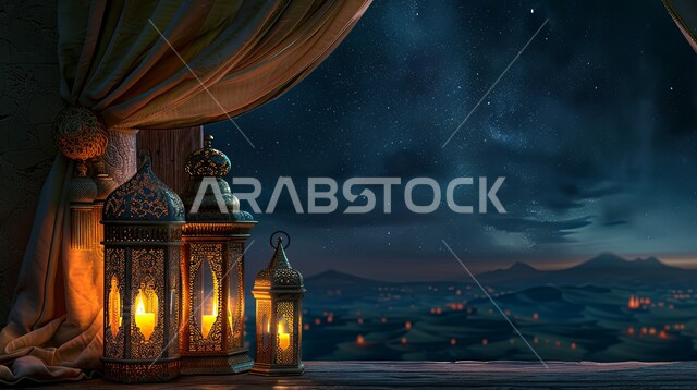 البهجة بقدوم شهر الخير, زينة وديكورات رمضان المبارك, أجواء الاحتفال بالمناسبات والأعياد الدينية الاسلامية، صورة مقربة لمجموعة من الفوانيس المعدنية التقليدية المضيئة على حافة النافذة, تحف واكسسوارات متميزة
