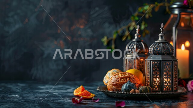 Distinctive antiques and accessories, the joy of the coming of the month of goodness, decorations and adornments of the blessed Ramadan, the atmosphere of celebration of Islamic religious occasions and holidays, a close-up photo of a group of traditional metal lanterns illuminated with dried roses, black background.