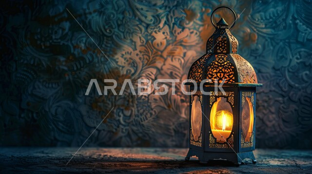 البهجة بقدوم شهر الخير، زينة وديكورات رمضان المبارك, أجواء الاحتفال بالمناسبات والأعياد الدينية الاسلامية، صورة مقربة لفانوس معدني تقليدي مضيء ,تحف واكسسوارات متميزة, خلفية سوداء