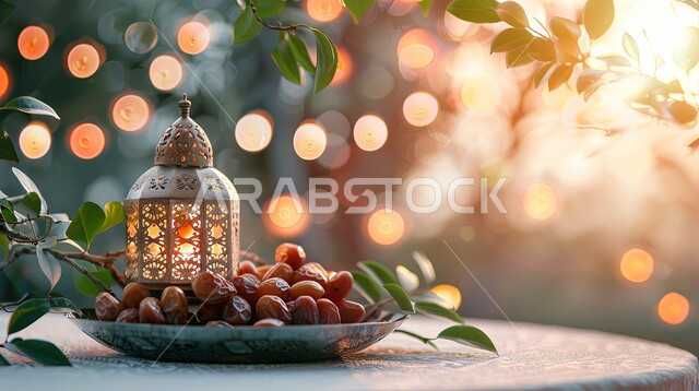 Distinctive antiques and accessories, delicious Ramadan hospitality, decorations and decorations for the blessed Ramadan, spiritual atmosphere and celebration of Islamic religious events and holidays, a close-up of a traditional metal lantern illuminated on a wooden surface with a plate of dates, the joy of the arrival of the month of goodness.