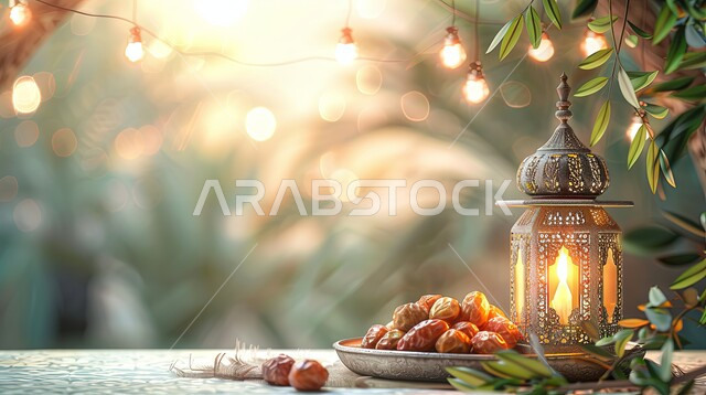 اكسسوارت و تحف متميزة, ضيافة رمضانية شهية ,ديكورات وزينة رمضان المبارك, الأجواء الروحانية والاحتفال بالمناسبات والأعياد الدينية الاسلامية، صورة مقربة لفانوس معدني تقليدي مضيء على سطح خشبي مع طبق من التمر, البهجة بقدوم شهر الخير