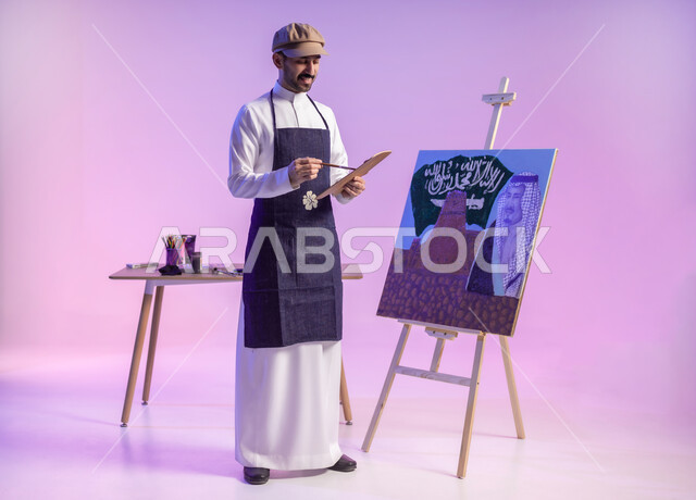 ممارسة هواية الرسم والفنون اليدوية، أنشطة ترفيهية فنية ممتعة، استخدام أدوات ومعدات التلوين، الوقوف أمام لوحة معالم وعلم المملكة، بورتريه لرسام عربي خليجي سعودي يرتدي الثوب التقليدي ومريلة الرسم، إحياء ذكرى اليوم الوطني، الجسم بالطول الكامل، خلفية ملونة