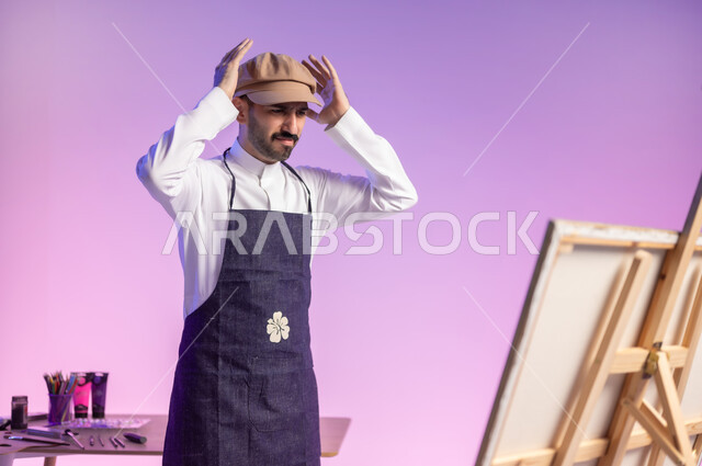 ممارسة الهوايات المفضلة، الوقوف أمام اللوحة واضعاً يديه على رأسه بتعابير الانزعاج وعدم الرضا، بورتريه مقرب لرسام عربي خليجي سعودي يرتدي الثوب التقليدي ومريلة الرسم، أنشطة ترفيهية فنية ممتعة، مهارة وهواية الرسم والتلوين، خلفية ملونة
