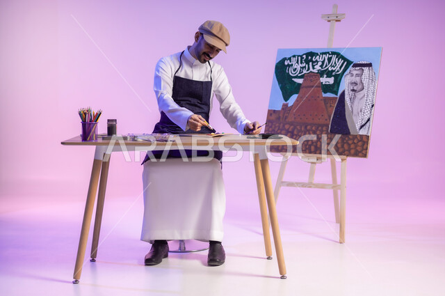 Practicing the hobby of manual arts, combining colors to draw, using a drawing and painting brush, sitting behind the table with a painting of landmarks and the flag of the Kingdom next to it, a portrait of a Saudi Gulf Arab painter wearing a traditional dress and a drawing apron, commemorating the National Day, full-length body, colored background