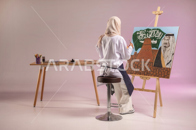 المناسبات والأعياد الوطنية، استخدام أدوات ومعدات التلوين، الجلوس أمام لوحة معالم وعلم المملكة، بورتريه لرسامة عربية خليجية سعودية ترتدي اللباس الكاجوال ومريلة الرسم، أنشطة ترفيهية فنية ممتعة، ممارسة الرسم والفنون اليدوية، استذكار اليوم الوطني، خلفية ملونة