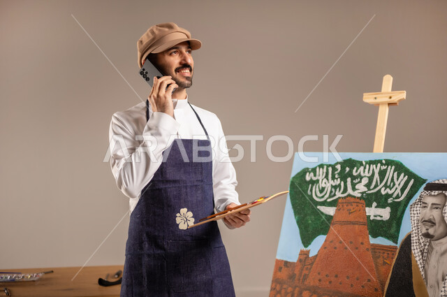 استخدام التقنيات الحديثة، إجراء مكالمة هاتفية، بورتريه مقرب لرسام عربي خليجي سعودي يرتدي الثوب التقليدي ومريلة الرسم، إحياء ذكرى اليوم الوطني السعودي، الوقوف أمام لوحة معالم وعلم المملكة، ممارسة هواية الرسم والفنون اليدوية، أنشطة ترفيهية فنية ممتعة، خلفية ملونة