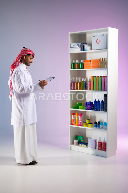 Inspecting the inventory of cosmetics and skin care products, providing high-quality health care, therapeutic drugs and medical supplies, a side portrait of a Saudi Arabian Gulf pharmaceutical doctor wearing a white medical coat taking notes on a clipboard, full body portrait, colored background