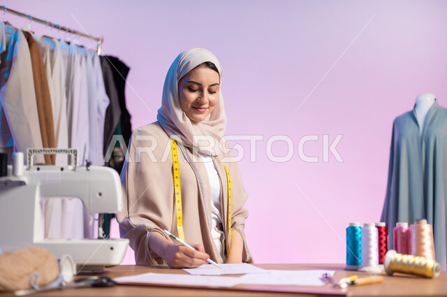 الإبداع في رسم التصاميم الجديدة , خياطة و تفصيل الملابس النسائية , بورتريه مقرب لمصممة أزياء عربية خليجية سعودية ترتدي الزي الكاجوال و الحجاب تقوم بالرسم على الورق , خلفية ملونة