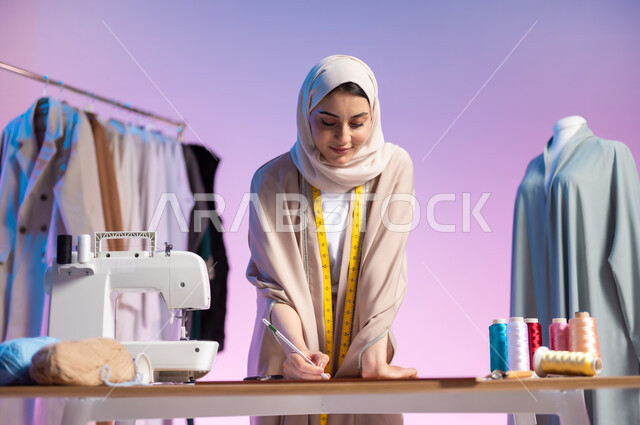 إتقان تفصيل الملابس النسائية , ممارسة مهنة الخياطة , بورتريه مقرب لمصممة أزياء عربية خليجية سعودية ترتدي الزي الكاجوال و الحجاب تقوم برسم التصاميم , مهن و حرف يدوية , خلفية ملونة