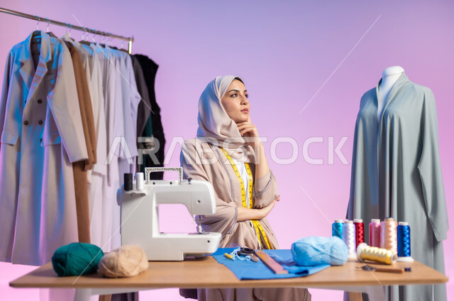 إيماءات التفكير والتأمل، بورتريه مقرب لمصممة أزياء عربية خليجية سعودية ترتدي الزي الكاجوال والحجاب, إتقان صناعة الملابس السعودية، اختيار أجود أنواع الأقمشة لصنع الثياب، استعمال أدوات ومعدات الخياطة، خلفية ملونة