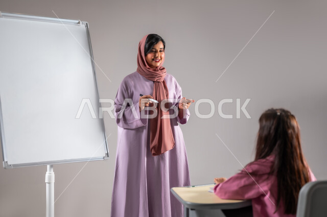 الانجاز و النجاح في المراحل التعليمية, بورتريه لمعلمة عربية سعودية خليجية محجبة ترتدي عباءة ملونة تقوم بشرح الدرس على اللوحة المدرسية البيضاء ,التربية والتعليم بالمناهج المقررة في المملكة العربية السعودية, خلفية رمادية