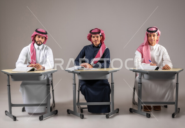 النظر الى الكاميرا بفخر و اعنزاز, حب الدراسة و العلم, بورتريه لمجموعة من الطلاب العرب  الخليجيين السعوديين يرتدون الثوب التقليدي و الشماغ يجلسون في الفصل الدراسي, التربية و التعليم بالمناهج المقررة في المملكة العربية السعودية, خلفية رمادية