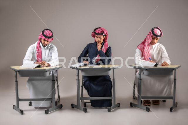 ايماءات التفكير و التركيز في اسئلة الاختبار, بورتريه لمجموعة من الطلاب السعوديين يقومان بحل الامتحان, التعليم في المملكة العربية السعودية, المشاركة الفعالة للطلاب, اهداف التربية و التعليم, خلفية رمادية